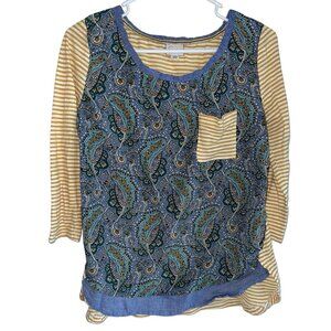 Anthropologie Postmark Women's Yellow Stripe Paisley 3/4 Sleeve T Shirt Small